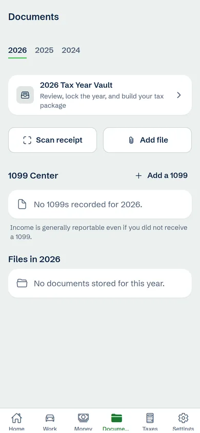 LOGmyGIG Documents screen: the Tax Year Vault, receipt scanning and the 1099 Center, shown with sample data