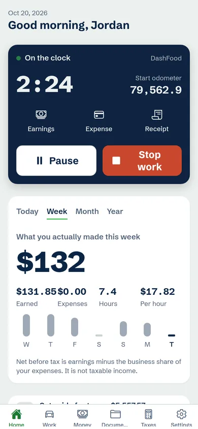 LOGmyGIG home screen: a running shift timer and this week's earnings, shown with sample data