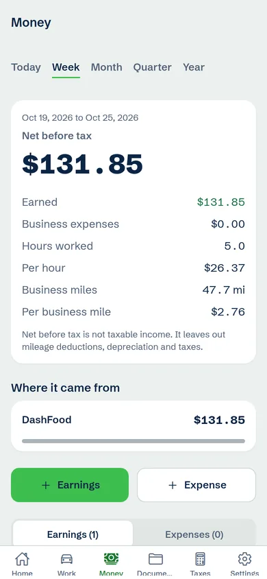 LOGmyGIG Money screen: one week's net before tax with earnings, expenses, hours and miles, shown with sample data