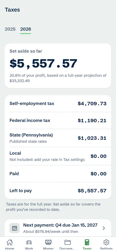 LOGmyGIG Taxes screen: the amount set aside so far, split into self-employment tax, federal income tax and state income tax, shown with sample data