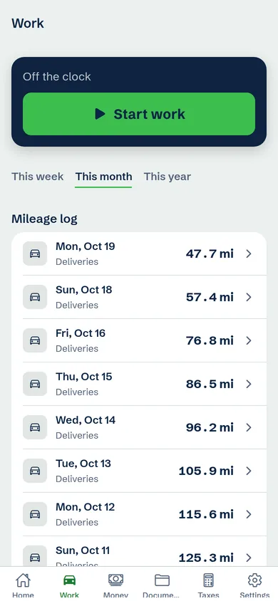LOGmyGIG Work screen: a Start work button above a mileage log of daily delivery miles, shown with sample data